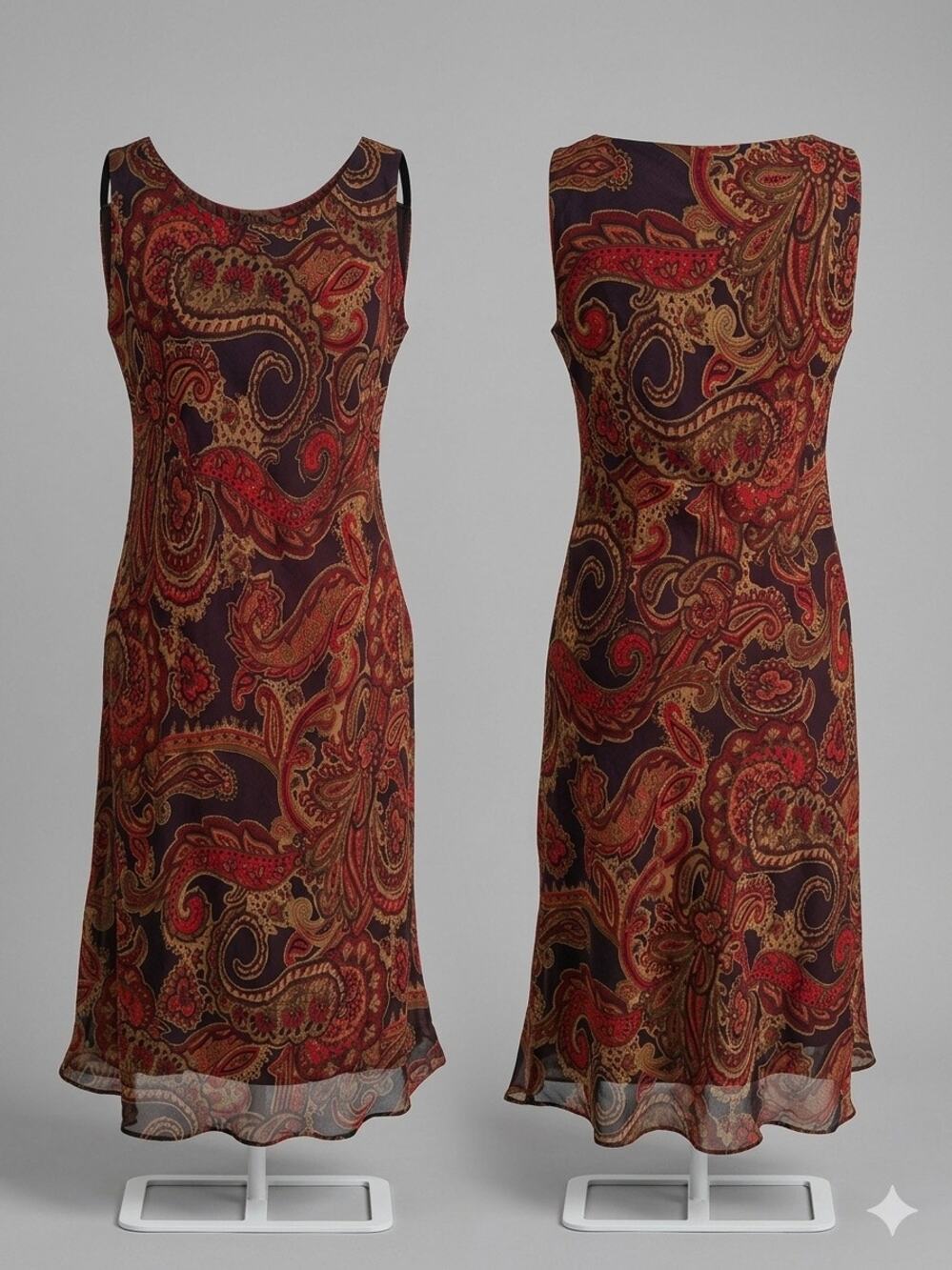 Vintage 90s Paisley Mesh Midi Dress Red Brown Boho Whimsigoth Grunge 6 petite
